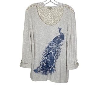 Chip & Pepper CA -  Ivory/Tan Peacock Long Sleeve Lace Back Top Size L